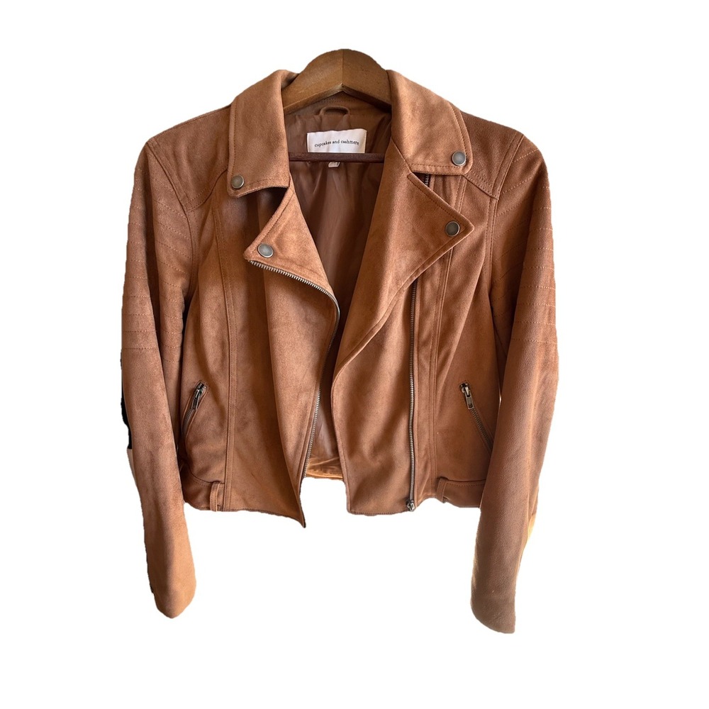 Cupcakes and Cashmere Brown Moto Jacket Womens Medium Cropped Biker Faux Suede - Picture 1 of 16